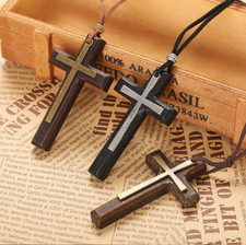 Inspirational Religious Large Wooden Metal Cross Necklace Includes 30" rope 