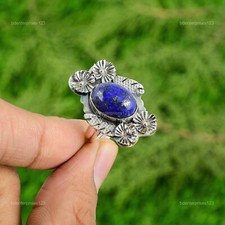 Gift For Her Natural Lapis Lazuli Promise Flower Adjustable Ring 925 Silver