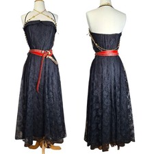 Vintage 80s Lace Corset Maxi Dress Sz Medium Black Goth Witchy Whimsigoth Boho