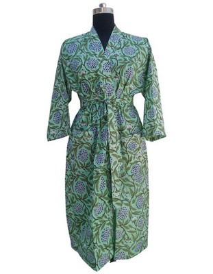 Indisch Baumwolle Robe Langer Kimono Nachtwäsche Seegrün Blumenmuster Nacht Suit