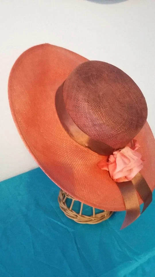 ANCIEN CHAPEAU SOIREE CEREMONIE MARIAGE CAPELINE PRINTEMPS VINTAGE SAUMON MARRON - Photo 4/4