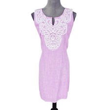 Talbots Dress Womens 6 Lavender Linen Blend White Embroidery Lined Zip New