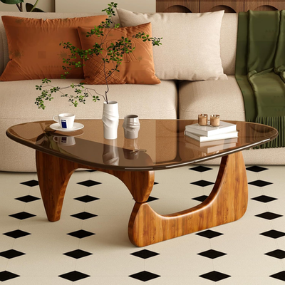 Mid Century Modern Coffee Table with Glass Top - Brown Walnut