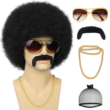 70S Men S Afro Wig for Disco Party, 5Pcs Set Wig Glasses Necklace Mustache