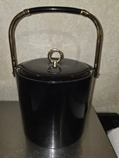 Georges Briard Ice Bucket BLACK  Vinyl Faux Leather with Gold Toned Details 
