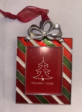 Christmas Enamel Metal Picture Frame Ornament Present Red Green Silver Bow
