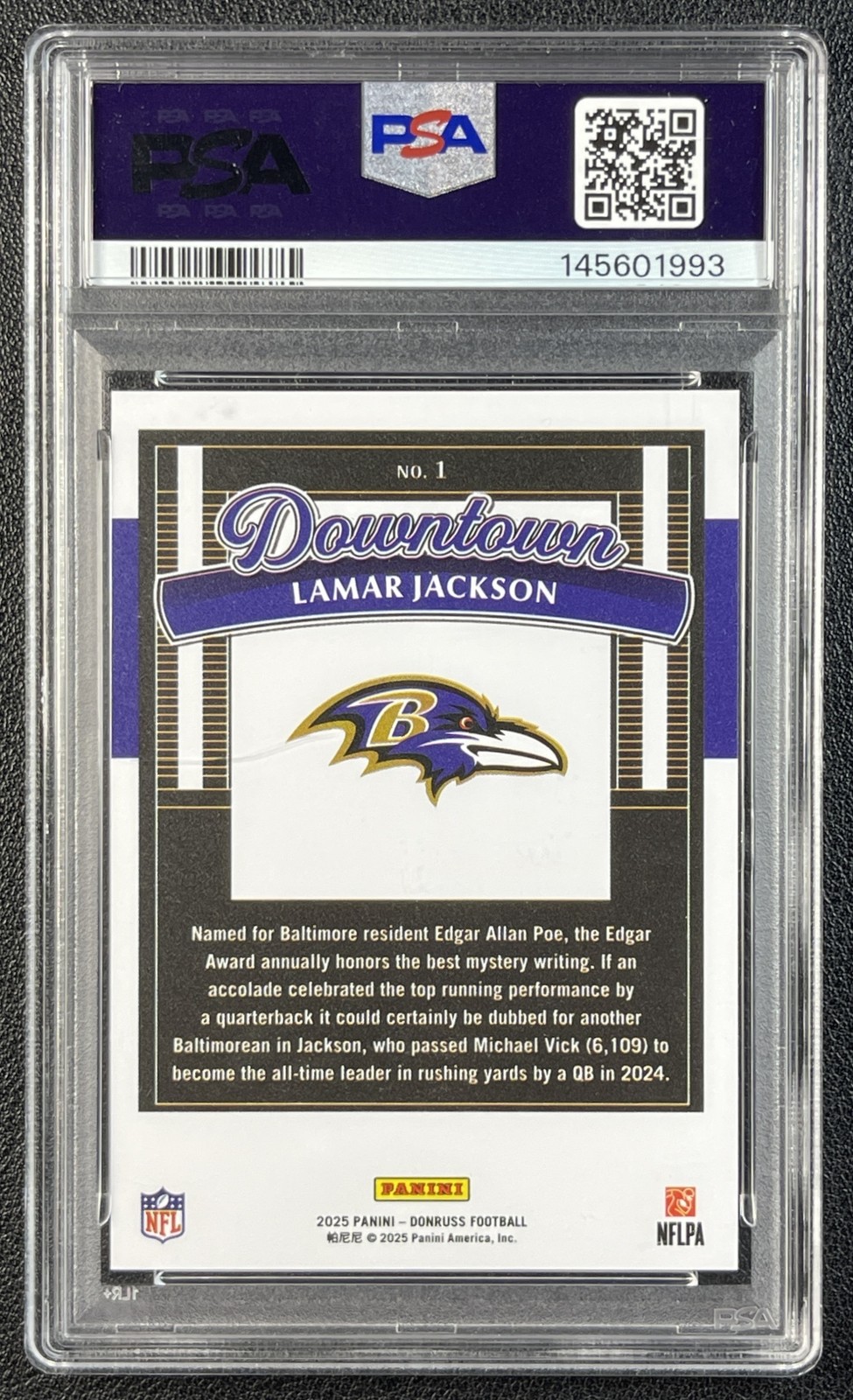LAMAR JACKSON PSA 10 2025 PANINI DONRUSS #1 DOWNTOWN! SP RAVENS 993 view 2