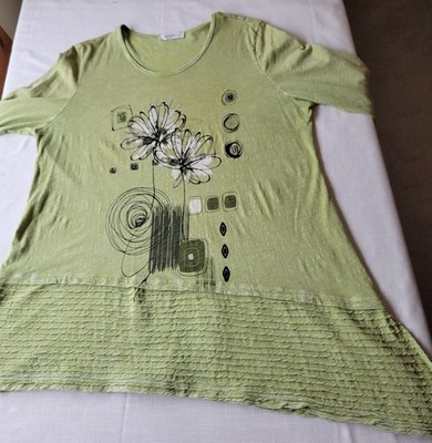 Jess & Jane Green Floral Asymetrical Tunic 3/4 Sleeves 100% Cotton USA Large