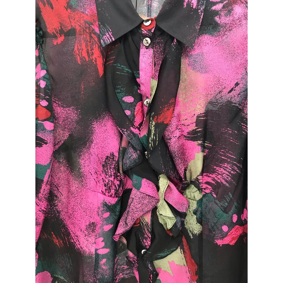 Magaschoni 系列黑色粉红色荷叶边透明领衬衫 10 码 — 第 4/4 张图片