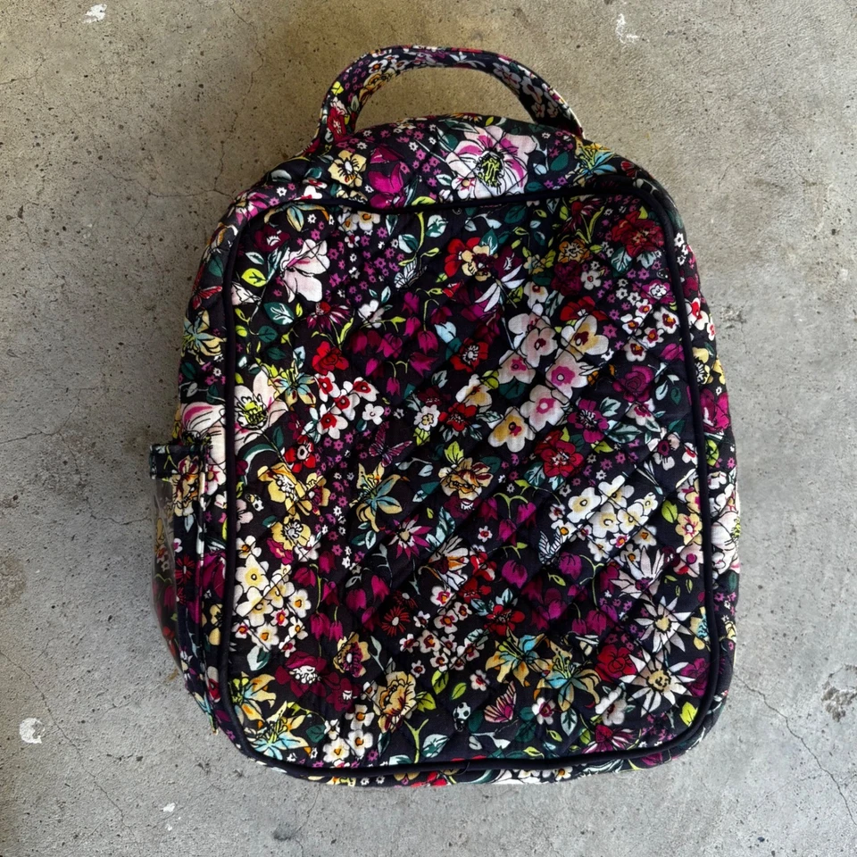 Vera Bradley Lancheira Acolchoada Refrigerador Floral Preto Rosa Amarelo Branco Zíper Top - Imagem 3 de 4