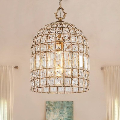 Luxury Antique Gold Crystal Pendant Light Bird Cage Shape Hinging Light Fixtures