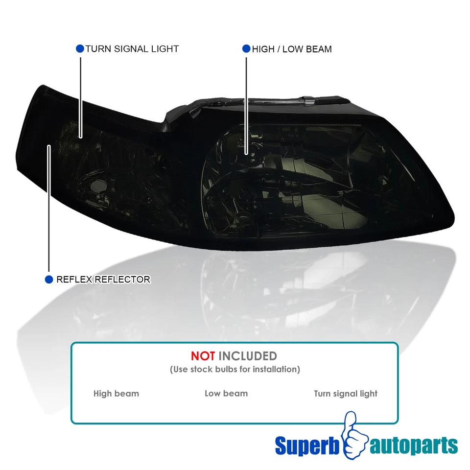 Fits 1999-2004 Ford Mustang V6 GT Headlights+Corner Lamps Smoke Tint - Image 3 of 4