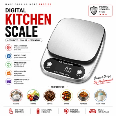 10KG Kitchen Scales Digital Electronic LCD Cooking Baking Food Weighing Scale UK - Image 1 of 4