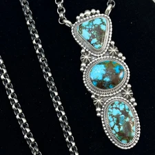 24" Kingman turquoise Necklace 1, Sterling Silver Rolo Chain Tom Lewis