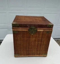 Vintage Wicker & Brass Chinoiserie Chest Trunk Solid 18/17/16 Inches