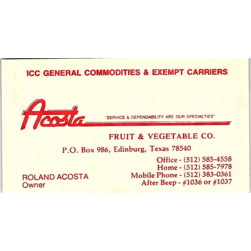 Roland Acosta Fruit & Vegetable Co Edinburg TX Vintage Business Card