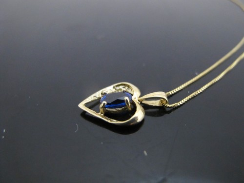 Blue SAPPHIRE 10k Yellow Gold Open HEART Pendant Chain Necklace - Picture 5 of 8