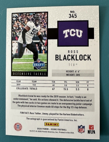 2020 Panini Score Rookie Autographs GOLD ZONE-ROSS BLACKLOCK (34/50)--TCU/Titans - Picture 2 of 2