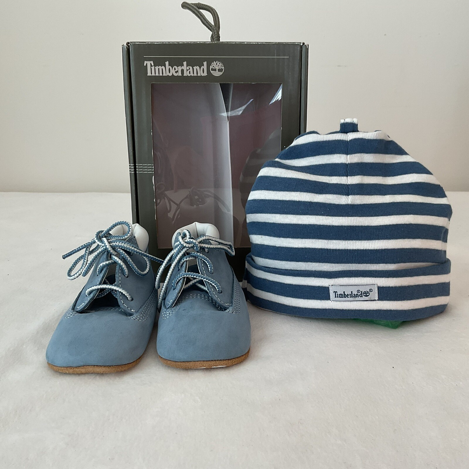 Timberland Boots Crib Baby Size 2 Light Blue Leather & Hat Cap NEW IN BOX
