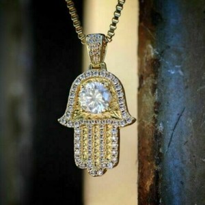 Authentic 2Ct Lab Created VVS1 Diamond Hamsa Hand of Fatima Pendant Charm 14k Gold Plated