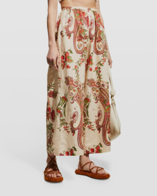 $476 Autumn Adeigbo Womens Beige Giada Floral Paisley Wide Cropped Pants Size 10