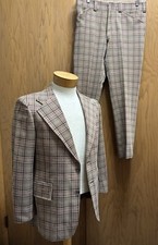 VTG 1960s 1970s Plaid Leisure Suit 40S Jacket Pants Brown Bonds Disco 34x28