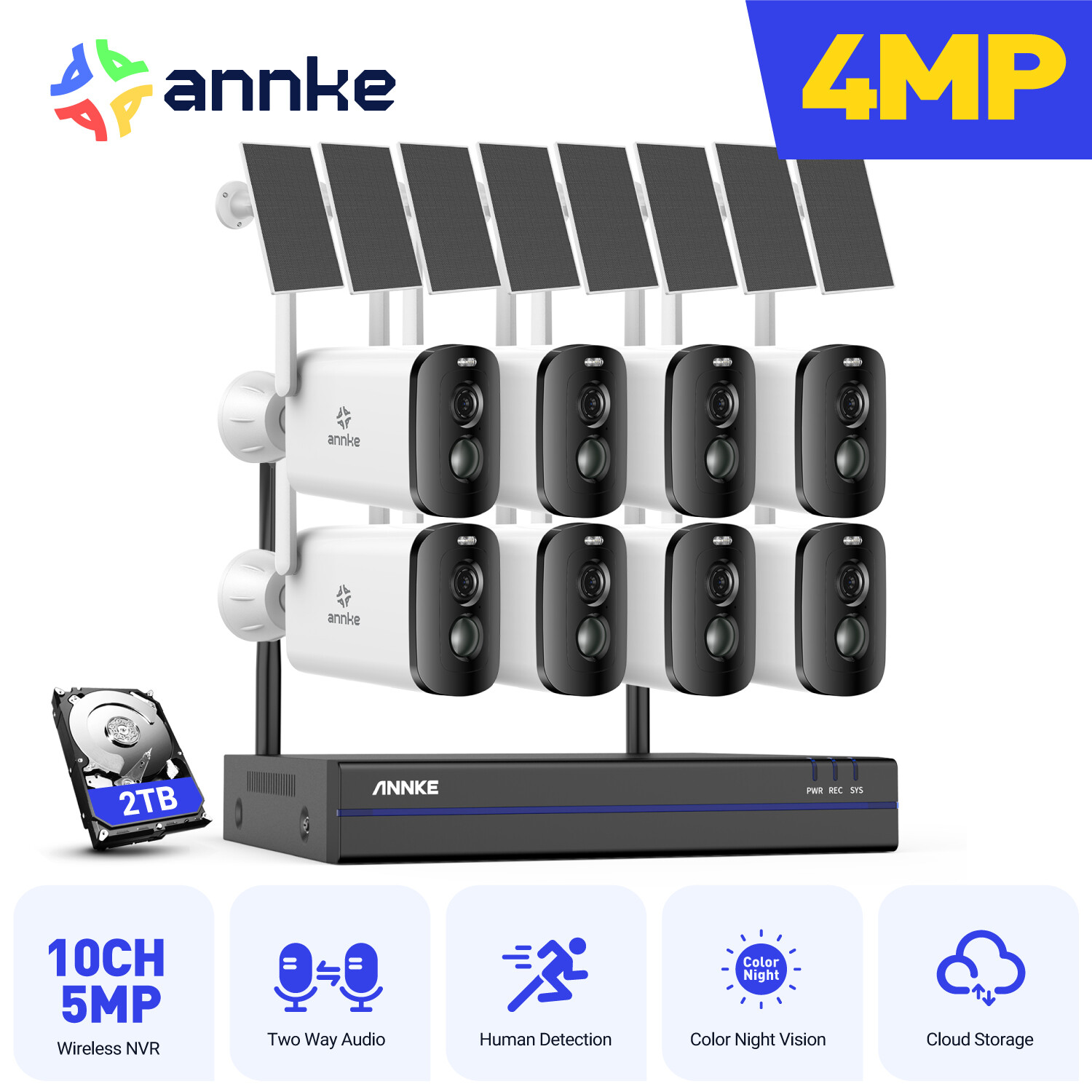 ANNKE 10CH NVR 4MP Solar Powered PIR Wireless Security Camera System 2 Way Audio