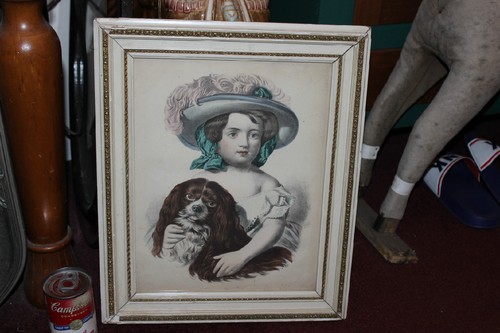 Antiguo Estampado Victoriano Niña Gorro Grande Sosteniendo Perro Pomerania Enmarcado - Imagen 5 de 12