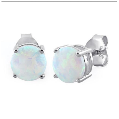 Round White Opal Stud Earrings Solid Sterling Silver NEW