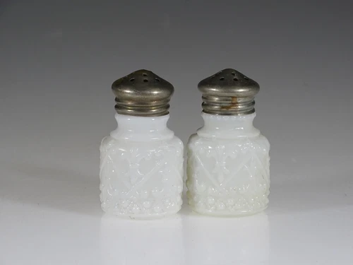 EAPG Eagle Glass Works Milk Glass Fleur De Lys Short Salt & Pepper Set c.1895