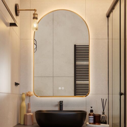 Arched LED Mirror Gold 90x50cm Bevel Backlit Dimmable Defogger Touch Sensor Glow - Picture 2 of 16