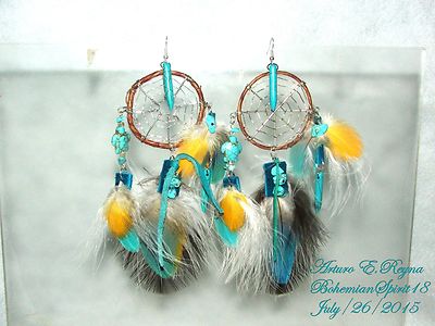  Arturo E.Reyna  DREAM CATCHER TRIBAL NATURAL TURQUISE EXOTIC FEATHERS EARRINGS