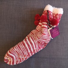 John Lewis Red  White Sparkly Slipper Socks with Pom Poms   One Size   BNWT