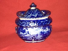 LA3 Historical Staffordshire Blue Sugar Bowl English View River Scene Ca. 1825