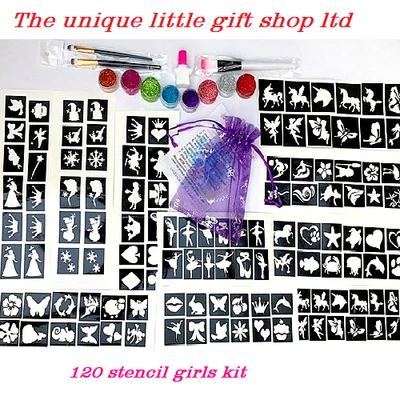 THE UNIQUE LITTLE GIFT SHOP LTD Girls GLITTER TATTOO KIT 120 stencils 8 glitters OR REFILL ITEMS
