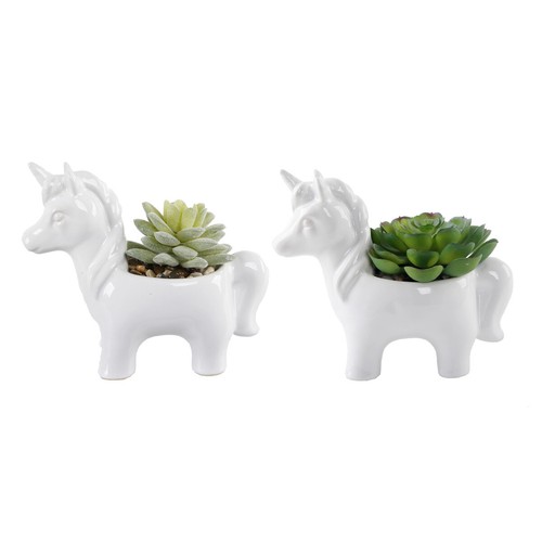 Flora Bunda 2PCs Artificial Plant in 5 in Cute White Unicorn Novelty Planter - Picture 3 of 8