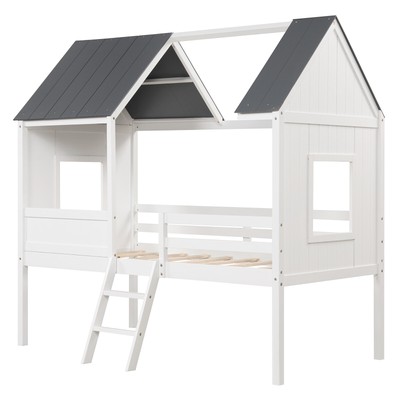 Twin Kids House Bed w/ Roof Side Windows Ladder Wooden Slatted Support Low Loft