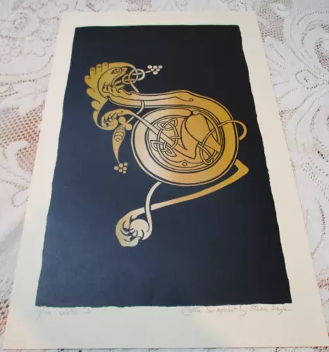 Irish Steven Doyle Letter D 1970's Signed Celtic Handprint Gold Black Unframed
