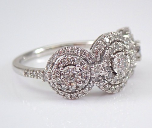 Weißgold Diamant drei Steine doppelter Halo Verlobungsring Größe 7 vergangenes Geschenk - Bild 5 von 8