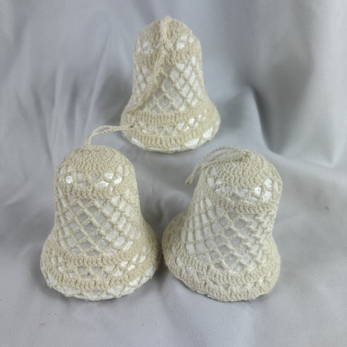 Christmas Bell Ornaments Set Of 3 Cream White Styrofoam Handmade Crochet 2.5” - Picture 6 of 6
