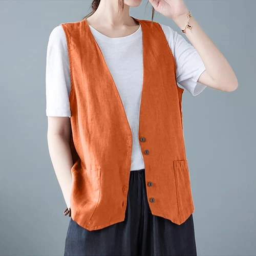 Mujeres Algodón Lino Sin Mangas Chaleco Abrigo Damas Botones Chaleco Informal Camiseta sin Mangas - Imagen 20 de 45