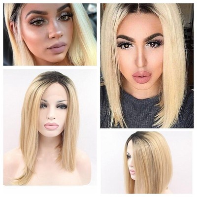 Synthetic Short Straight Ombre Blonde Bob Hair Dark Roots Side