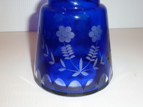 Bohemia Glass Dark Blue Cut to Clear Decanter, Florals - Picture 2 of 5