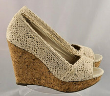 Nine West Mickele Crochet Wedge Heels Beige Sandals Womens 7.5 Cork Platform
