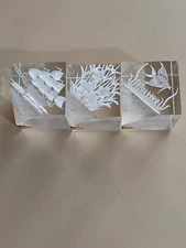 3 RUSS BERRIE & CO. LUCITE ACRYLIC CLEAR 3D ETCHED CUBES
