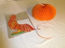 3 Expandable Fall/Autumn Delicious Turkey & 2 Orange Pumpkins Decorations