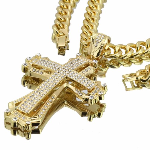 Hip Hop Gold Plated Large HOLLOW CROSS Pendant Cubic-Zirconia 30" Cuban Chain - Picture 7 of 8