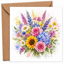 Floral Greeting Card Summer Bouquet Watercolour Mixed Garden Flowers