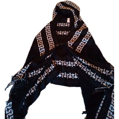 Free People Hooded Poncho Black White Greek Key Pattern Boho Fringe Toggle Clos