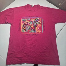Vintage 90s Holiday Palm Trees T-Shirt Mens L Pink Single Stitch Made in USA Tee